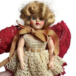 Vintage 1950s Little Red Riding Hood Doll Handmade Crochet Outfit 7" Blonde Blue